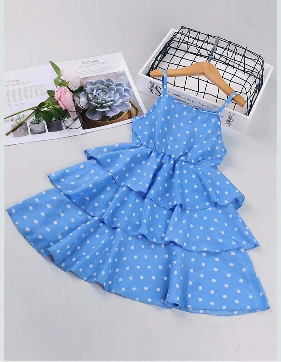 Children's Dress For Girls With Polka Dot Print - Baby Blue - View 1