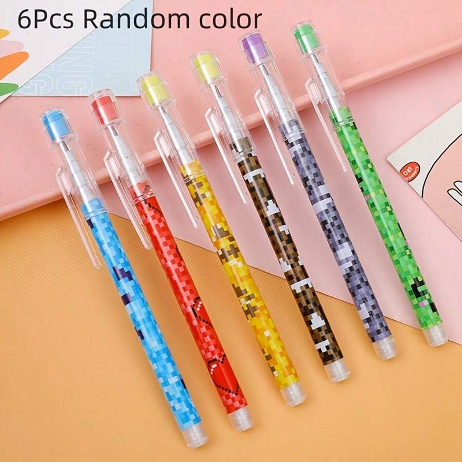 6pcs Creative Mosaic Egg-Shaped Pencils, 9-Segment Design, Vibrant Pixel Pattern In Various Colors, Transparent Pencil Cases, Visible Ink Level, Suitable For Writing, Drawing And Note Taking, Creative Stationery | Vivid Ballpoint Pens | Unique Grip Design Back To School - Multicolor - View 1