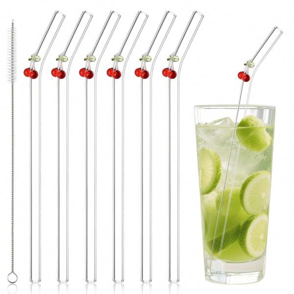 1/2/5/7 Pezzi Set di cannucce riutilizzabili in vetro trasparente, con design colorato a tema ciliegia e 1 spazzola di pulizia, adatto per smoothie, frullati, succhi, tè (Caramello), forniture scolastiche