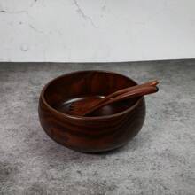 1 Wooden Bowl + 1 Spoon + 1 Fork Jujube Wood Handmade Round Wooden Bowl, Japanese Style Insulated Salad Bowl Set For Restaurant