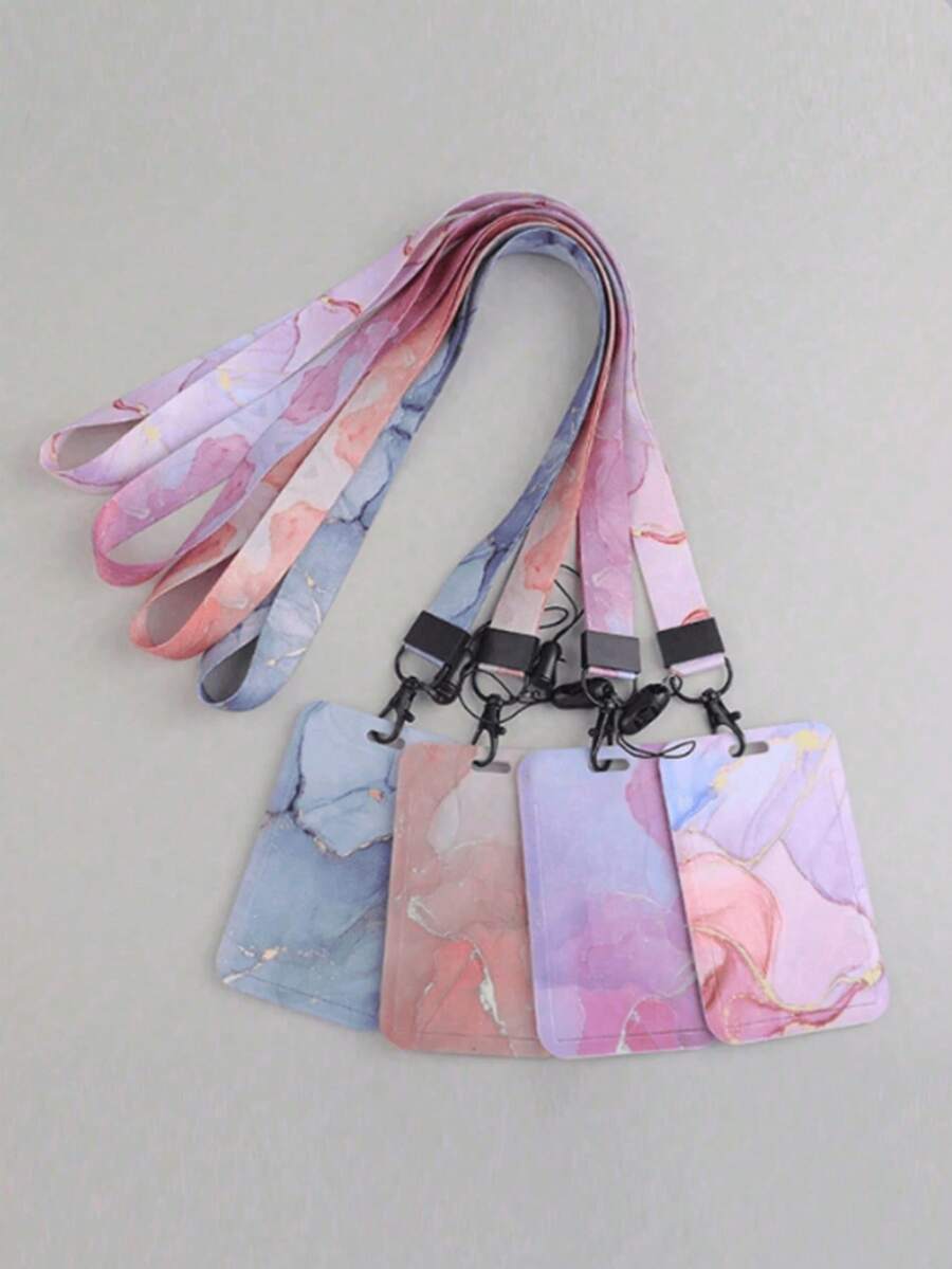 1 个大理石纹卡夹 + 带挂绳的徽章夹，方便的卡夹适用于学生证、交通卡、工作证、学校/办公室门禁卡，有橙色、粉色、灰色、蓝色可选，4.3 X 2.75 英寸