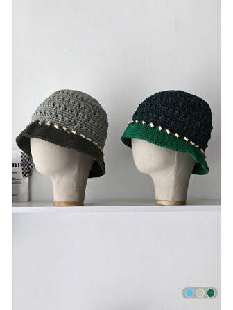 Handgjord pärlvirkad virkad mössa, ihålig färgblockdesign Lämplig för vår och sommar utomhus, fräsch och enkel söt stil, stickad mössa för kvinnor, dopaminframkallande, varm yllehatt