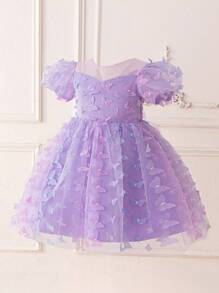 Young Girls' Round Neck Butterfly Net Tulle Elegant Party Princess Dress, Suitable For Flower Girl, Birthday, Outing, Excludes Hair Accessory