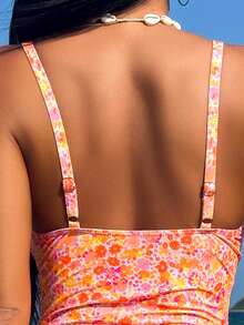 Costumi da bagno interi da donna con drappeggio frontale e collo alto, motivo floreale ditsy, vestibilità snellente per spiaggia e vacanze