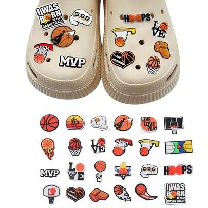24 件篮球主题鞋配件饰物，适合木屐派对的可爱鞋饰，男女皆宜的礼物（多种款式，手工制作，背面可能有轻微胶水残留或瑕疵）