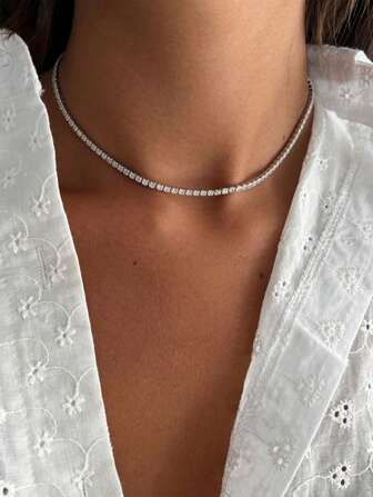 1 st Dammode Bling Bling Koppar Zirconia Stone Kort Choker Halsband, mångsidigt vardagstillbehör, present