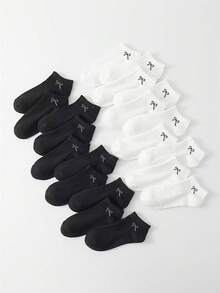 1 Pair/20 Pairs Assorted Bow Tie Pattern Flat Low-Cut Socks, Suitable For Outdoor Sports, Fitness, Daily Wear, Minimalist Japanese Style, Versatile For Sneakers, Dress Shoes, Platform Shoes, Business Commute, Hiking, Unisex, Soft, Breathable, Moisture-Wicking, Odor-Resistant For Men And Women, Campus Sportswear - Black and White - View 2