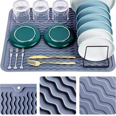 1 pieza Alfombrilla de silicona para escurrir, Alfombrilla de secado de platos, Alfombrilla de escurrido plegable, Alfombrilla de escurrido grande, Protector de encimera y estufa resistente al calor, Alfombrilla trípode apta para lavavajillas, Accesorios de cocina fáciles de limpiar, | Diseño de onda | Alfombrilla de silicona