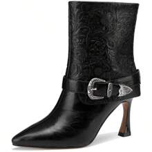 TDD Mid Calf Boots For Women Stiletto Pointed Toe Winter Buckle Extra Wide Calf Botas Para Mujer Dressy Warm Lined Ladies Fashion 3 Inch High Heels