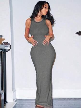 Fashionable Solid Color Bodycon Sleeveless Dress