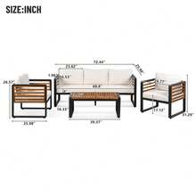 MERAX Large Size 4-Pieces Outdoor Furniture Sofa For 5 Person Conversation Set, Garden Sofa Set With Removable Cushion, Metal And Wood Frame Sofa Set, Thick Cushions, Acacia Wood Tabletop - Màu be - Xem 6