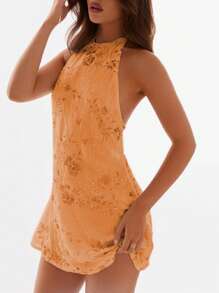 Y2k Sequin Beaded Halter Dress For Women Sexy Sparkle Backless Mini Dress Floral Embellished Rhinestone Club Dresses