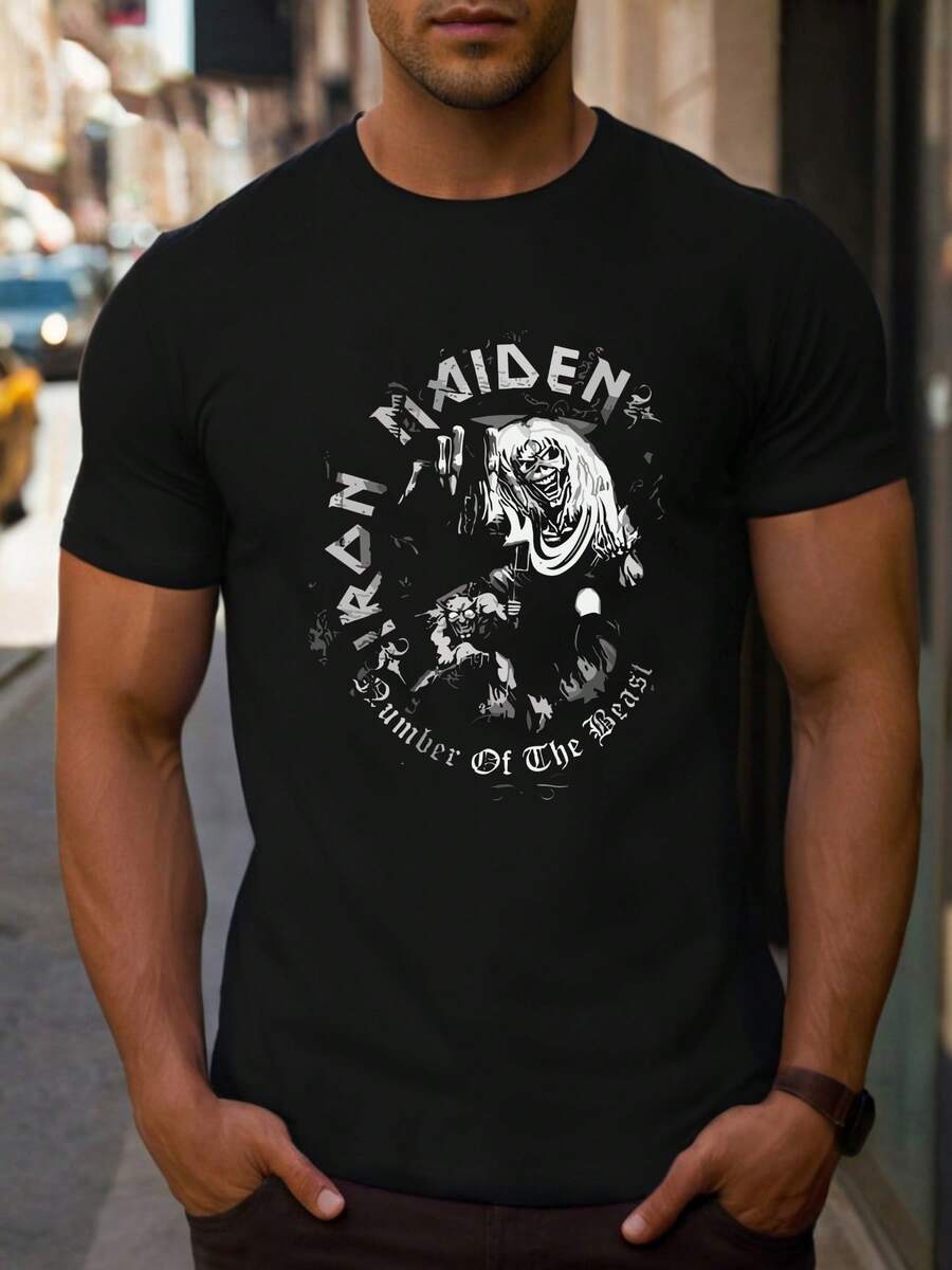 Men's T-Shirt With Ir On M Aiden Band Pattern T-Shirt With Fashion Print, 220gsm, For Men, Casual, Round Neck, Pure Cotton, Short Sleeve (1 Piece) - 黑色 - 查看 1