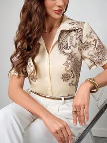 Camisa casual feminina de manga curta com estampa floral e abotoamento simples, padrão floral aleatório - Damasco - Ver 2
