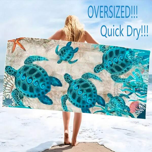1 szt. Szybkoschnący miękki ręcznik plażowy z mikrofibry z wzorem żółwia morskiego - chłonny koc plażowy, odpowiedni do podróży, pikniku, na zewnątrz, na wakacje, pływania, kempingu - niezbędny na plaży latem, wakacje, wystrój łazienki