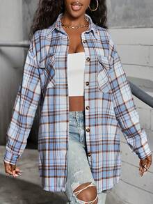 女式格子衬衫夹克，轻便外套，Y2K 返校庆典休闲通勤格纹纽扣前衬衫，休闲长袖翻领百搭衬衫，适合日常休闲、户外、度假穿着，四季皆宜 - 藍色 - 查看 4