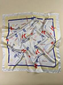 1 件女士派对食品辣椒虾欢呼印花方形围巾优雅围巾头巾女士缎面头巾发饰