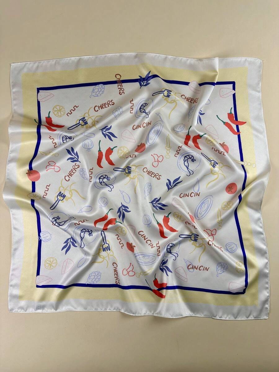 1 件女士派对食品辣椒虾欢呼印花方形围巾优雅围巾头巾女士缎面头巾发饰