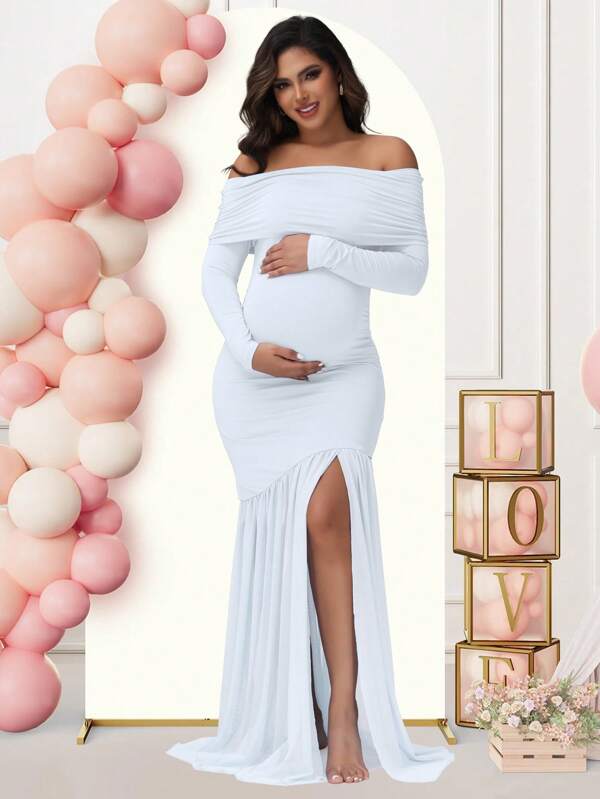JustVH Maternity Long Sleeve Off Shoulder Dress Solid Color Mesh Paneled Split Hem Gown For Baby Shower Photoshoot Party