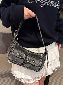 时尚复古女士单肩包，高品质腋下包，休闲手提包，带配饰，牛仔布材质 - 彩色 - 查看 6