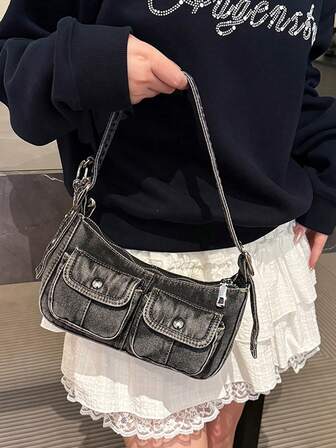 Fashionable Retro Women Shoulder Bag, High Quality Underarm Bag, Casual Tote Bag With Accessories, Denim Material