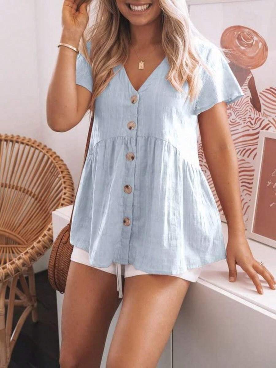 Womens Short Sleeve V Neck Button Down Babydoll Peplum Blouse Loose Casual Top - 天藍色 - 查看 1