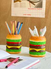 1pc Hamburger Shaped Makeup Brush Holder Pen Cup - Creative Brush Stand For Vanity Desk Travel Storage - Lightweight Plastic Organizer No Assembly Required Perfect Cute Gift For Women Men Teens Students - Multicolor - View 6