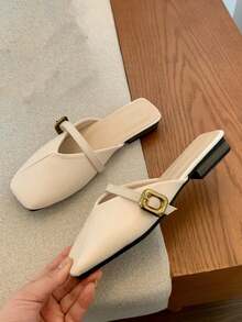 女式法式方头平底一脚蹬穆勒凉鞋，全新夏季户外服装 - 米色 - 查看 3