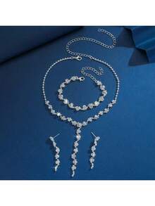 3-4pcs Set Minimalist Rhinestone Claw Chain Necklace, Earrings And Bracelet, Suitable For Ladies Daily Wear, Summer Accessories, Women Jewelry Sets For Festivals, Formal Events And Parties - Silver - View 2