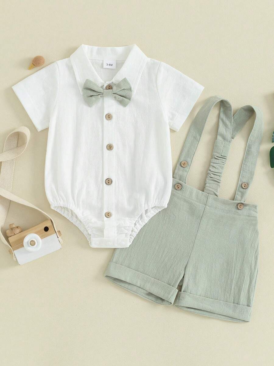 Toddler Boy Gentleman Outfit Solid Color Short Sleeves Romper With Bow Tie And Overalls Shorts Set For Formal Wear - 綠色 - 查看 1