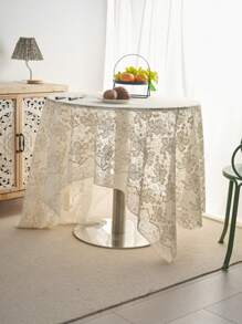 1pc French Style Minimalist Cream Lace Tablecloth With Embroidered Flowers And Bells, Suitable For Outdoor Wedding Decor, TV Cabinet Cover, Birthday Party, Afternoon Tea, Garden Photoshoot Background, All Seasons