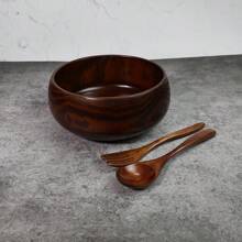1 Wooden Bowl + 1 Spoon + 1 Fork Jujube Wood Handmade Round Wooden Bowl, Japanese Style Insulated Salad Bowl Set For Restaurant