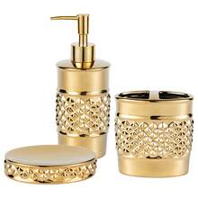 LIVEHOUSE 3-Piece Ceramic Bathroom Accessories Set - Luxurious Soap Dispenser, Toothbrush Holder & Soap Dish With Modern Geo Embossed Design For Bathroom Accessory Set Home Bathroom Decor Bathroom Accessories Bathroom Organizer Summer - Vàng - Xem 1