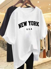 Letter Print Round Neck Casual Loose Fit Short Sleeve T-Shirt Top, Knitted Fabric, Women