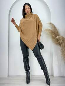 Swisz Women's Winter Poncho Knit Long Sleeve V-Neck Sweater With Scarf - 米色 - 查看 2
