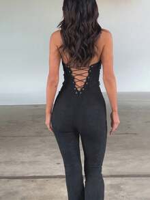 Women's Y2k Lace Jumpsuits Sexy Coquette Halter Neck Cross Backless Sleeveless Long Rompers Summer Slim Fit Playsuits Clubwear Streetwear - 黑色 - 查看 6