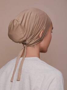 1pc HIAJB Caps Women Solid Color Spandex With Drawstring Adjustable Hat, Suitable For Daily Wear For Dress, Beach, Holiday,Accessories,Travel Essential - Camel - View 3