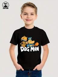 Boys' Summer Round Neck Short Sleeved Casual Pure Cotton Print DOGMAN