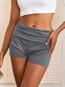Women Mini Shorts Solid Color Ruched Low Rise Tight Shorts Casual Booty Shorts Summer Streetwear - Dark Grey - View 6