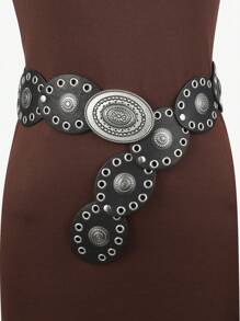 1pc Black Hollow Out Faux Leather Round Buckle Belt, Metal Fashion Waist Belt, Bohemian Style Suitable For Daily Use