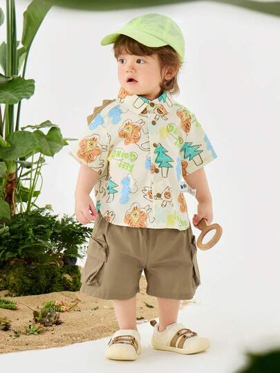 mini bala Boys' Short Sleeve Set Baby Breathable Cute Dinosaur Shirt Shorts Two Pieces Set