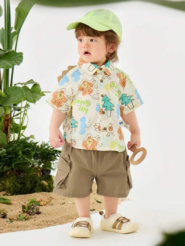 mini bala Boys' Short Sleeve Set Baby Breathable Cute Dinosaur Shirt Shorts Two Pieces Set