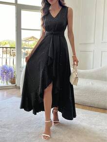 Elegantes einfarbiges Damen V-Ausschnitt Glitzer Party Kleid, schirmförmiger geflügelter Rock, schweres, glänzendes Gewebe - Schwarz - Übersicht 3