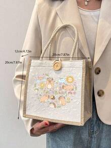 1pc Large Capacity Kapiba Handle Bag, Stylish And Unique Minimalist Design, Comfortable And Beautiful Touch With High Texture, Button Closure, Perfect For Shopping And Matching Clothes, And Giving Gifts To Family And Friends. - A31 Buffalo Big Flower White - View 8