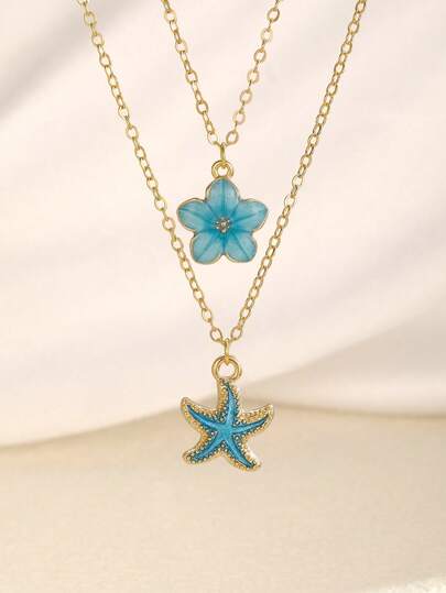 Set de 2 collares con colgante de flor de 5 pétalos y estrella de mar, delicados y de moda, adecuados para que las niñas los usen en la playa, fiestas, viajes y ocasiones diarias en verano