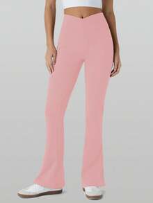 RUNONWHEELS 5 高腰喇叭裤日常健身运动紧身裤，女式提臀瑜伽紧身裤，女式高腰交叉设计喇叭紧身裤 - 粉色 - 查看 6