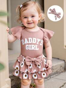 Ropa de bebé niña "Bestia de tía", enterizo con texto "Niña de papá", falda de volantes en forma de margarita, conjunto de salida del hospital para recién nacido - Rosa - Ver 5