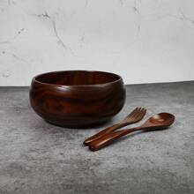 1 Wooden Bowl + 1 Spoon + 1 Fork Jujube Wood Handmade Round Wooden Bowl, Japanese Style Insulated Salad Bowl Set For Restaurant
