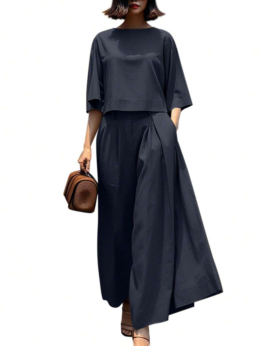 ZANZEA Fashion Women 3/4 Sleeve Tops T Shirt Elastic Waist Wide-Leg Long Pants Solid Palazzo Trousers Summer Casual 2pcs Sets Outfits - 深藍色 - 查看 1