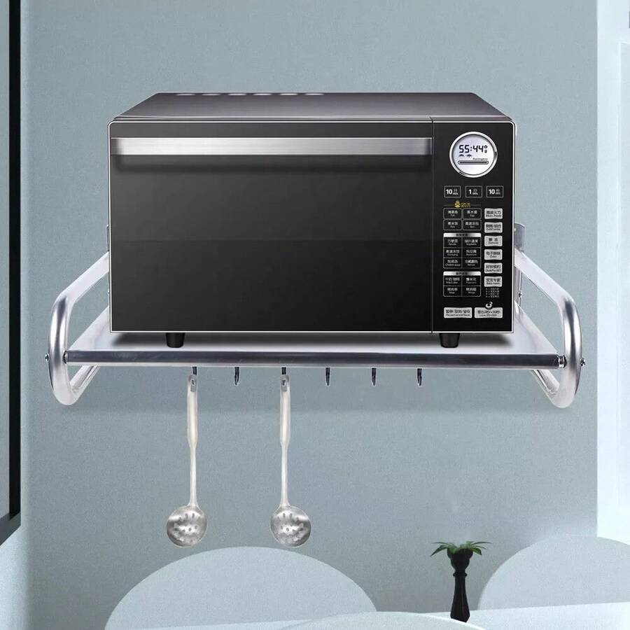 OUKANING Microwave Oven Rack Stainless Steel Kitchen Shelf With 6* Hooks Wall-Mounted - 1 - View 1